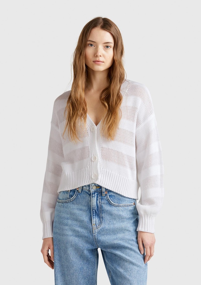  Kadın Beyaz %100 Pamuk Şerit Efektli Düşük Omuzlu Örme Relax Fit Hırka