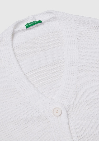  Kadın Beyaz %100 Pamuk Şerit Efektli Düşük Omuzlu Örme Relax Fit Hırka