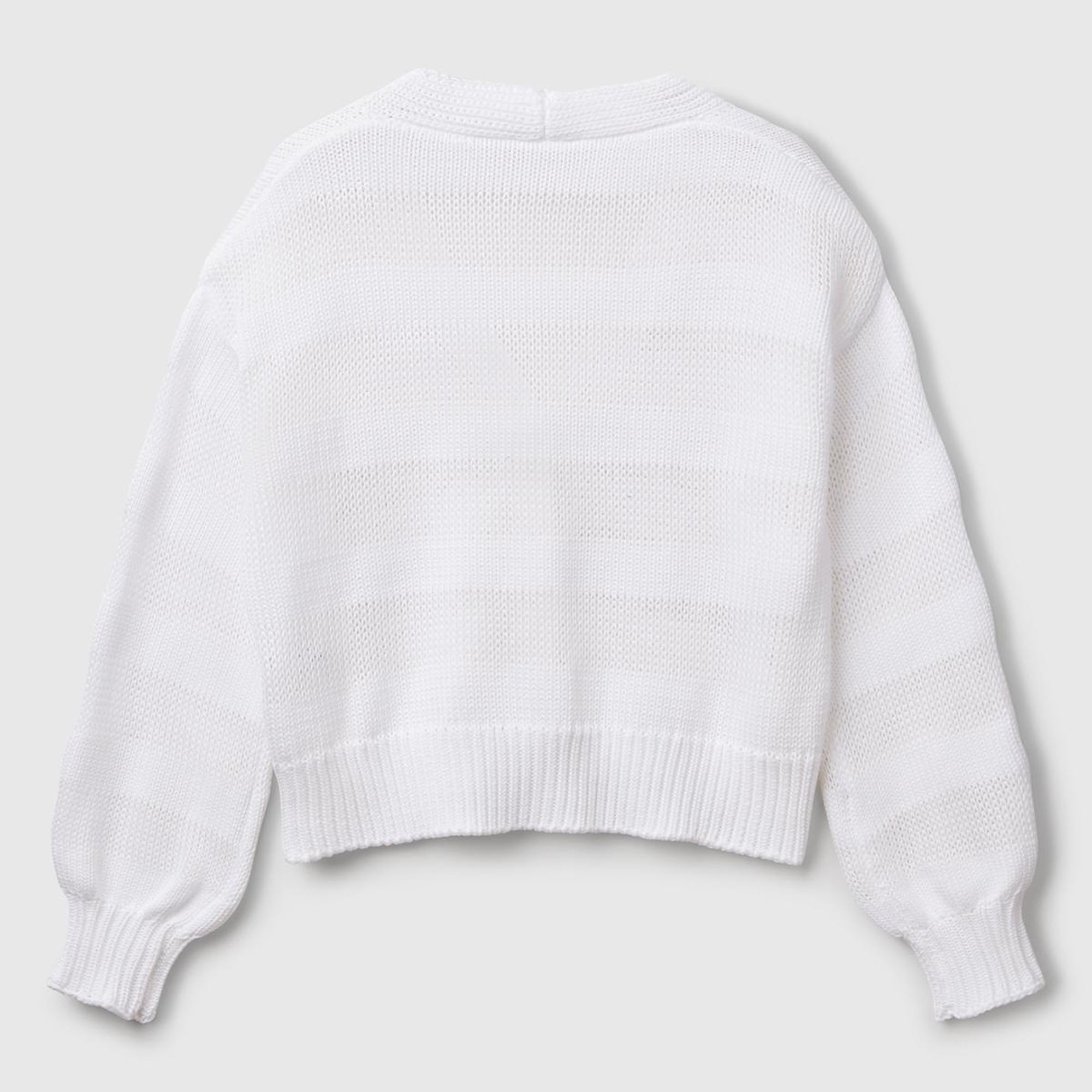 Kadın Beyaz %100 Pamuk Şerit Efektli Düşük Omuzlu Örme Relax Fit Hırka