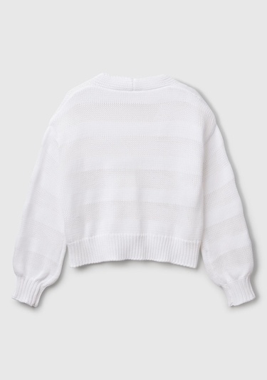  Kadın Beyaz %100 Pamuk Şerit Efektli Düşük Omuzlu Örme Relax Fit Hırka