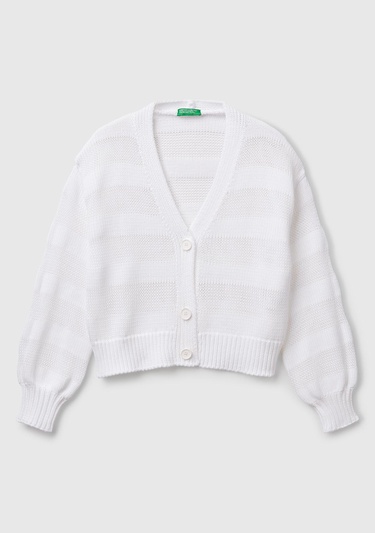  Kadın Beyaz %100 Pamuk Şerit Efektli Düşük Omuzlu Örme Relax Fit Hırka