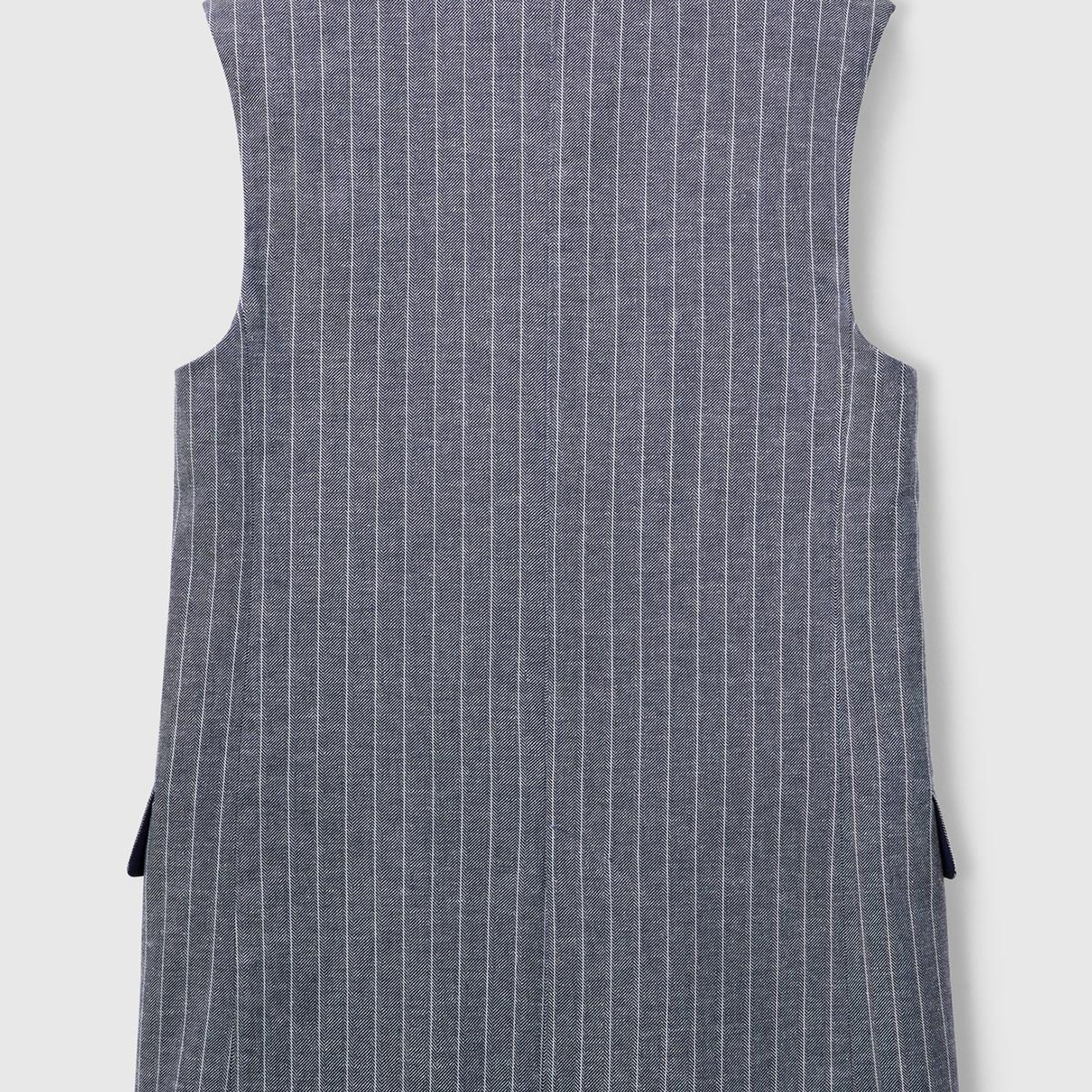 Kadın Lacivert Pamuk ve Keten Karışımlı İnce Çizgili Cepli Kruvaze Yelek