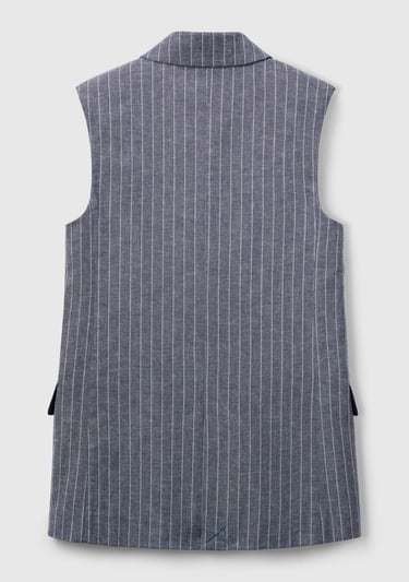  Kadın Lacivert Pamuk ve Keten Karışımlı İnce Çizgili Cepli Kruvaze Yelek