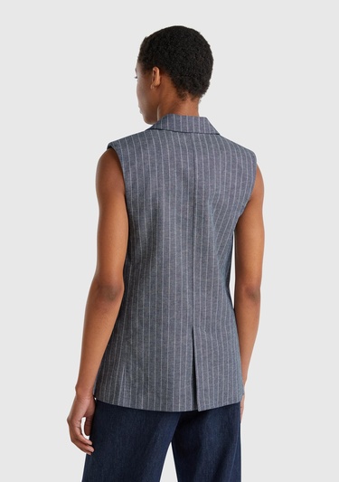  Kadın Lacivert Pamuk ve Keten Karışımlı İnce Çizgili Cepli Kruvaze Yelek