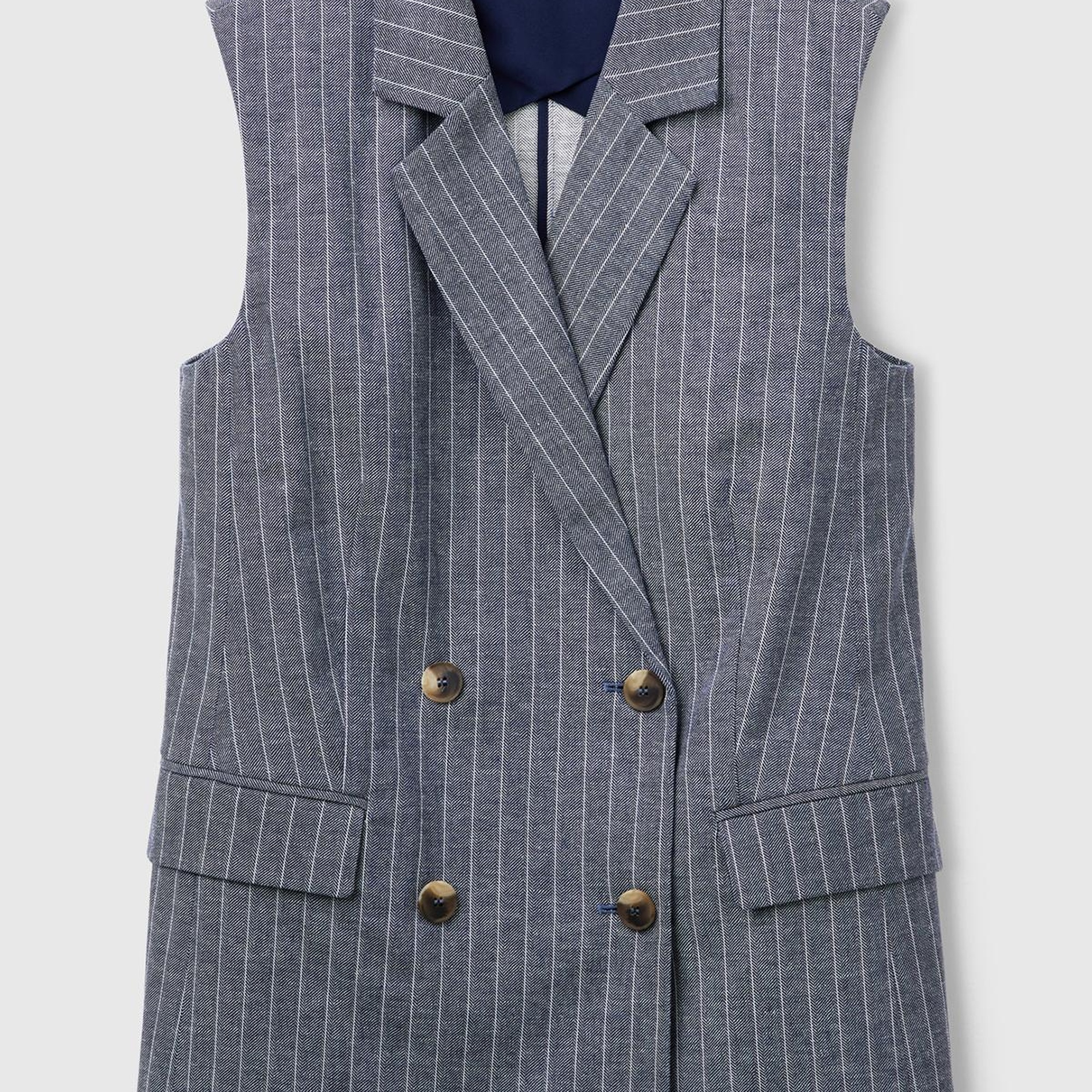 Kadın Lacivert Pamuk ve Keten Karışımlı İnce Çizgili Cepli Kruvaze Yelek