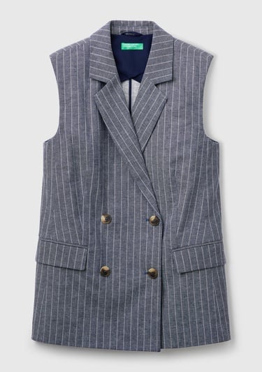  Kadın Lacivert Pamuk ve Keten Karışımlı İnce Çizgili Cepli Kruvaze Yelek