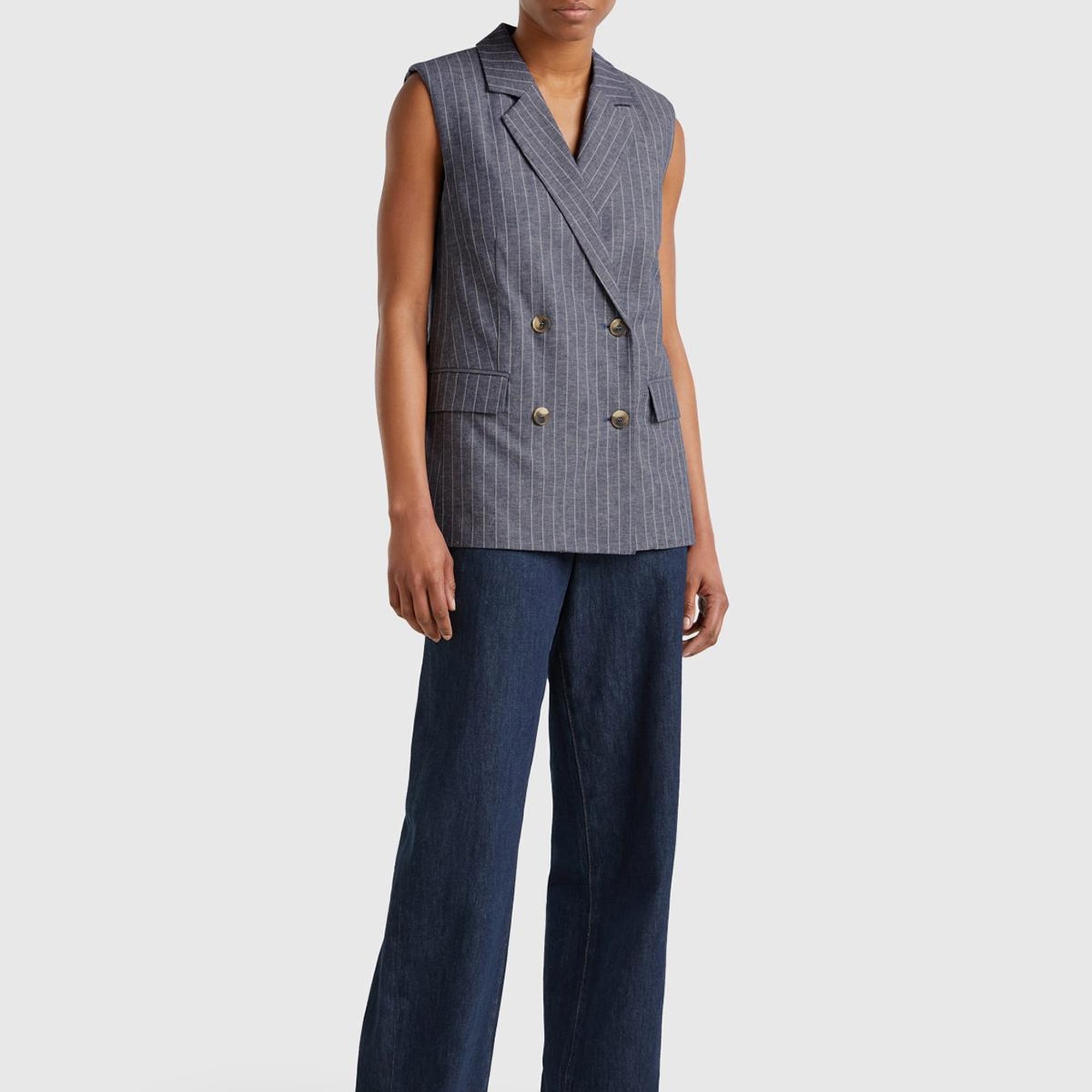 Kadın Lacivert Pamuk ve Keten Karışımlı İnce Çizgili Cepli Kruvaze Yelek