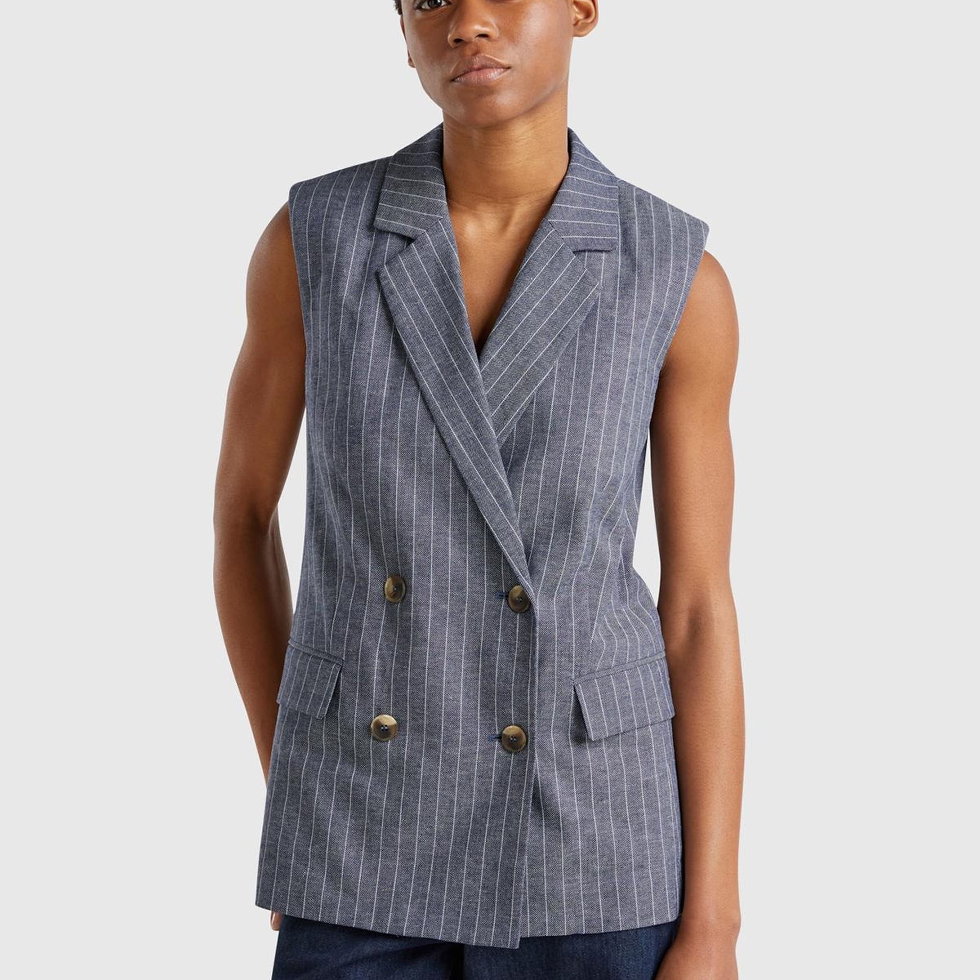 Kadın Lacivert Pamuk ve Keten Karışımlı İnce Çizgili Cepli Kruvaze Yelek