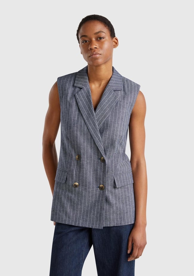  Kadın Lacivert Pamuk ve Keten Karışımlı İnce Çizgili Cepli Kruvaze Yelek