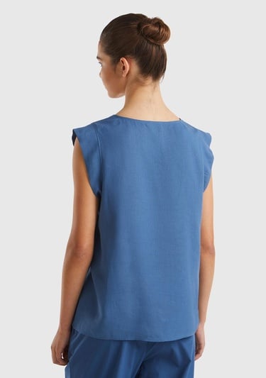  Kadın Gece Mavisi Liyosel ve Keten Karışımlı Geniş Kesim V Yaka Bluz