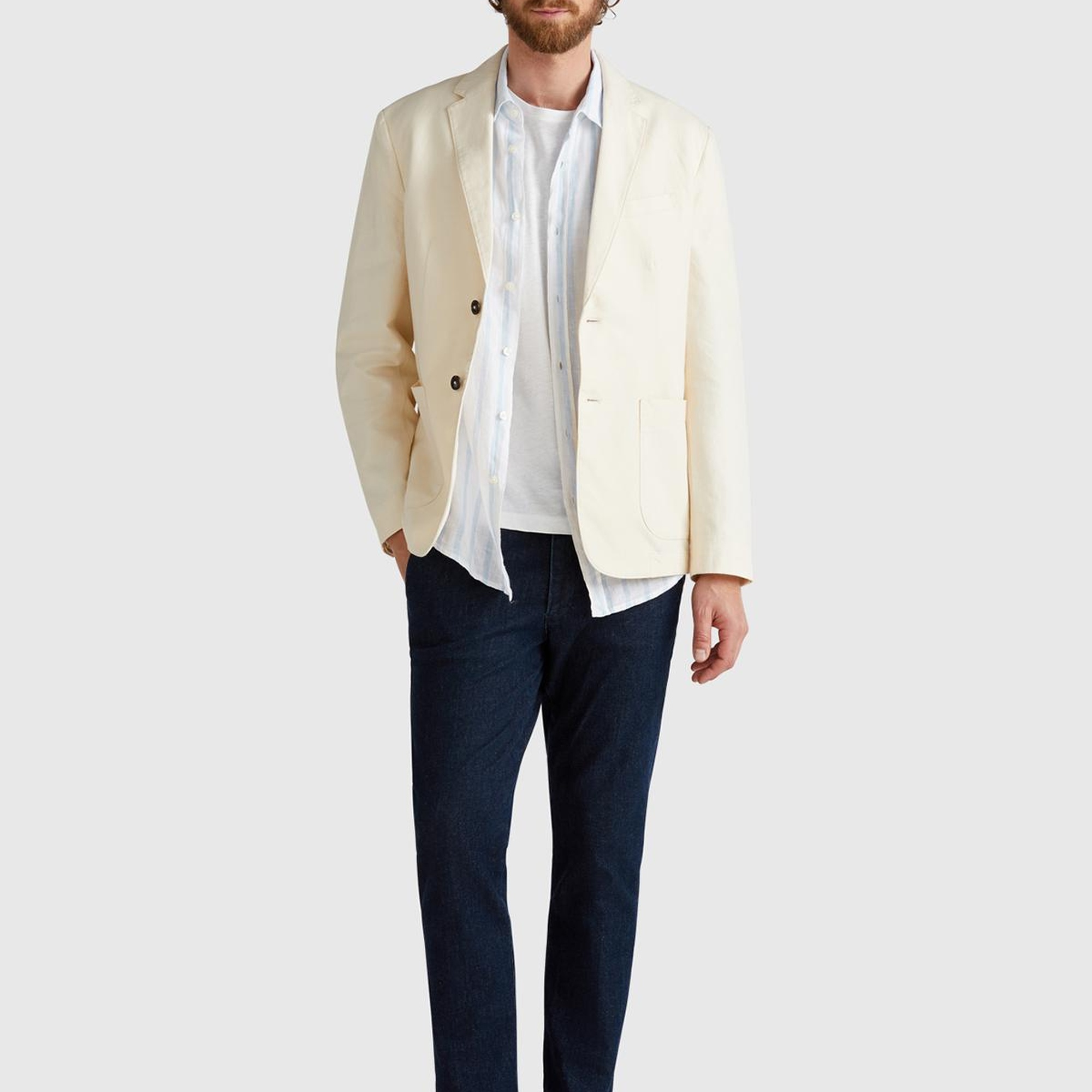Erkek Bej Keten Karışımlı Biyeli Cep Detaylı Çift Düğmeli Blazer Ceket