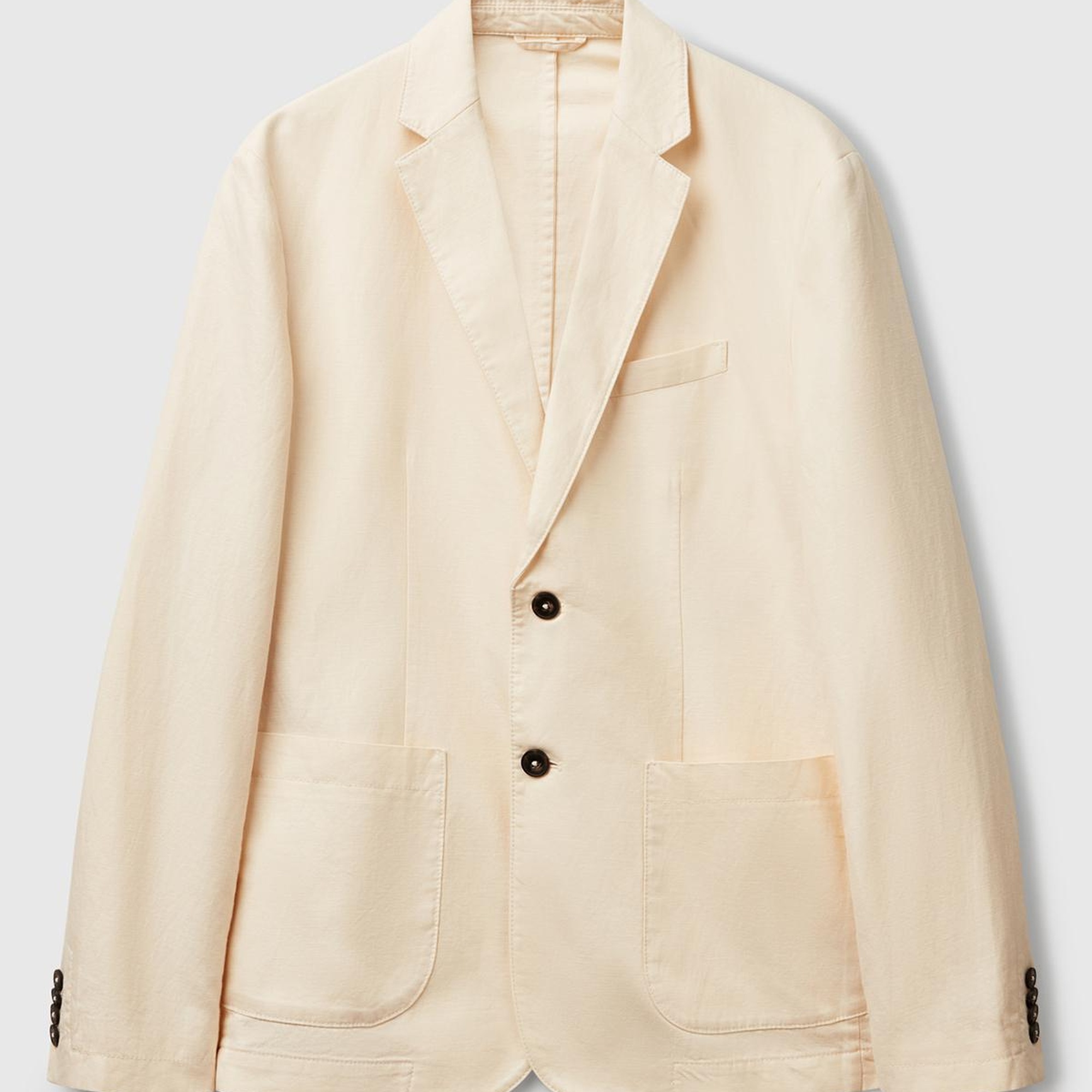 Erkek Bej Keten Karışımlı Biyeli Cep Detaylı Çift Düğmeli Blazer Ceket