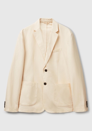  Erkek Bej Keten Karışımlı Biyeli Cep Detaylı Çift Düğmeli Blazer Ceket