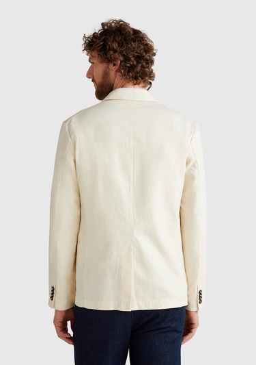  Erkek Bej Keten Karışımlı Biyeli Cep Detaylı Çift Düğmeli Blazer Ceket