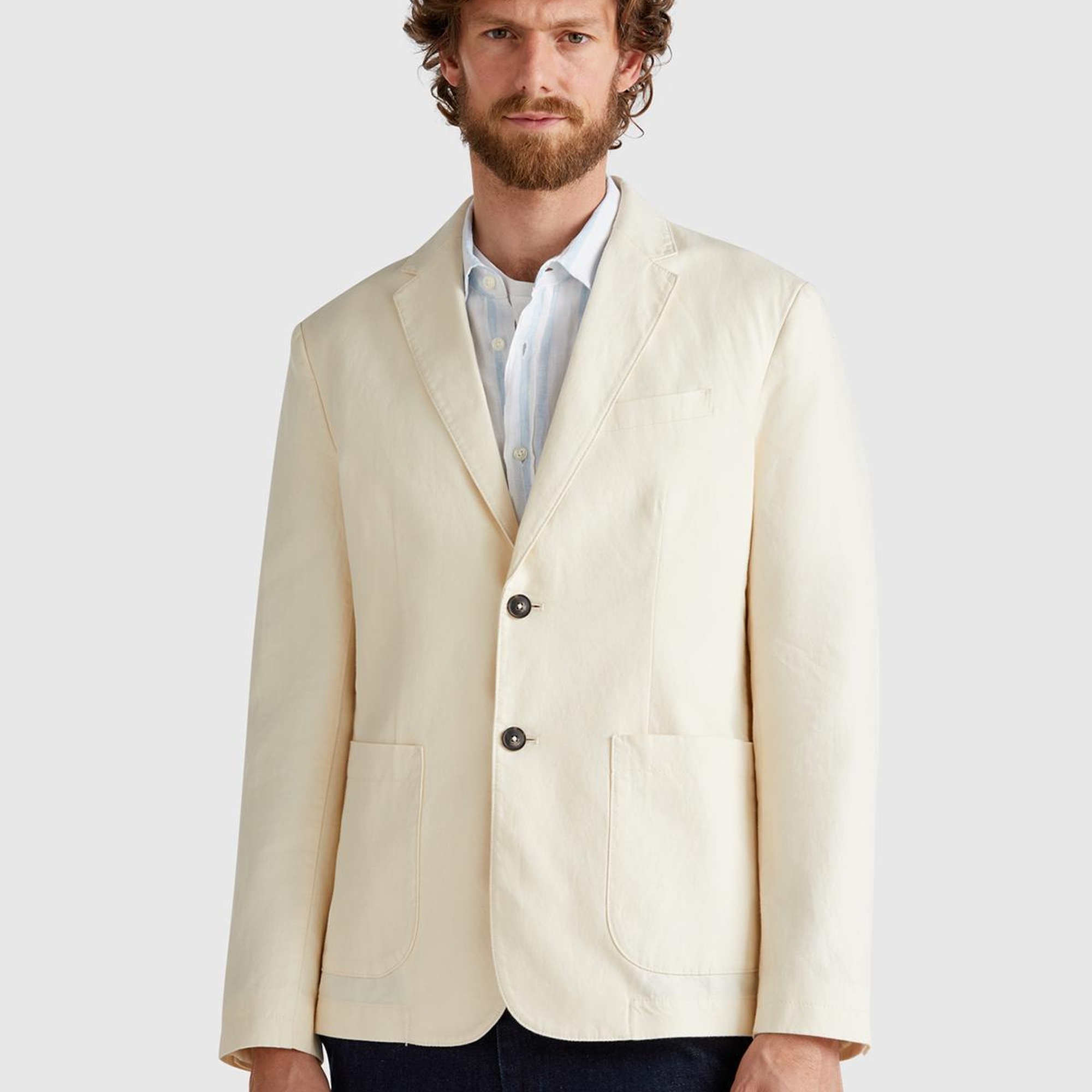 Erkek Bej Keten Karışımlı Biyeli Cep Detaylı Çift Düğmeli Blazer Ceket