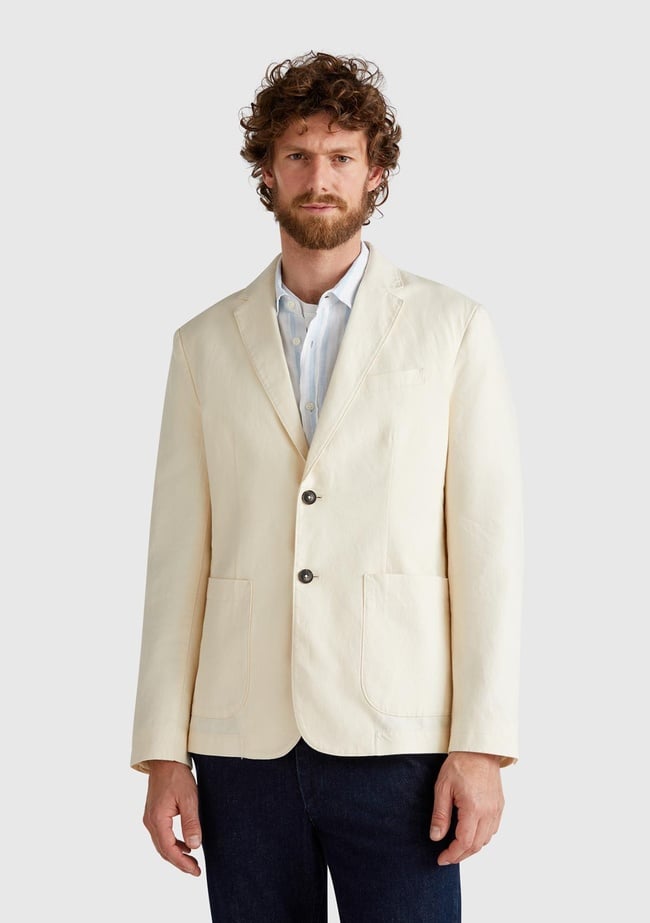  Erkek Bej Keten Karışımlı Biyeli Cep Detaylı Çift Düğmeli Blazer Ceket