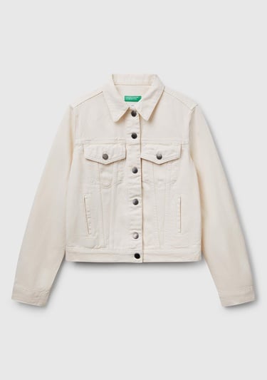  Kadın Krem %100 Pamuk Yanları Cepli Straight Fit Denim Ceket