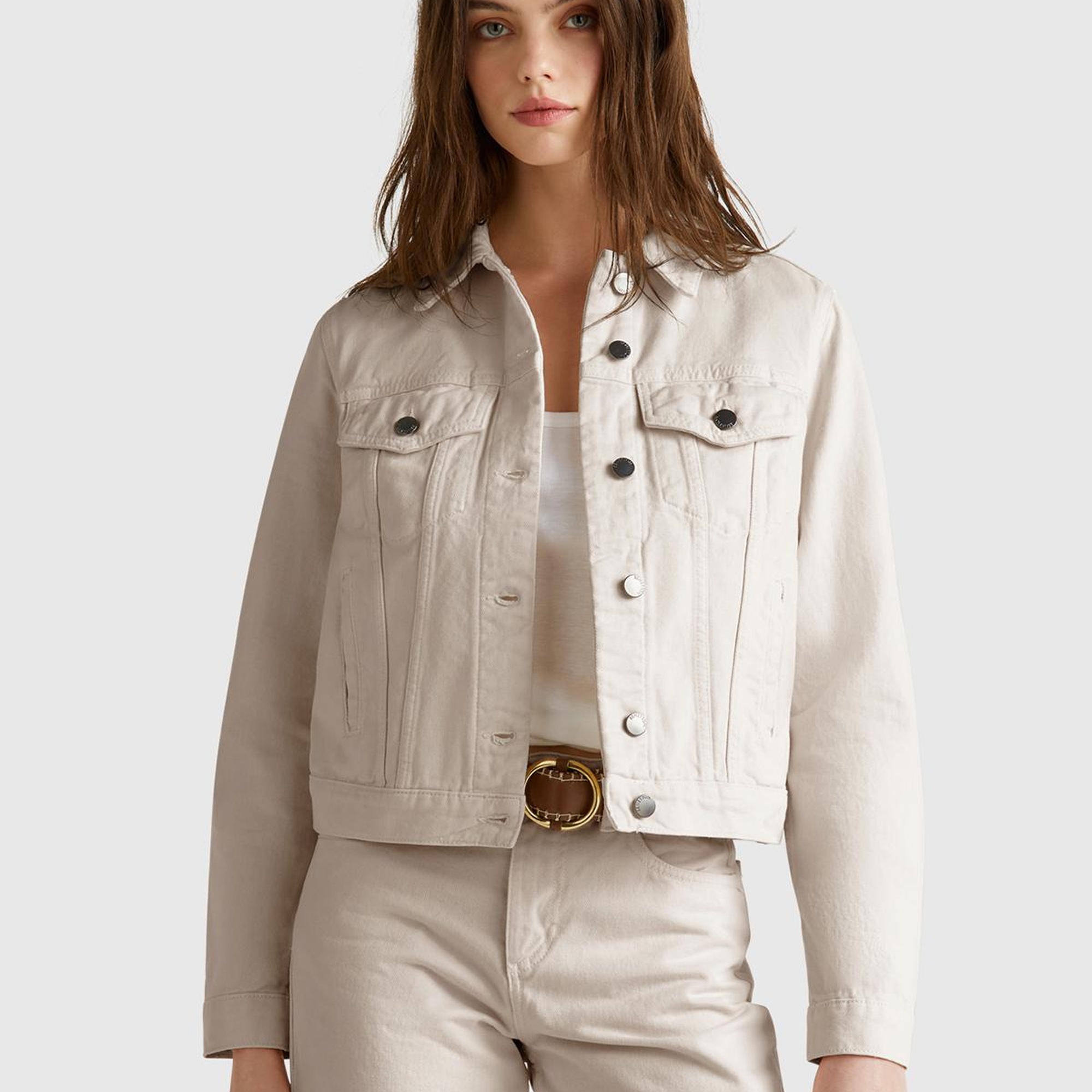 Kadın Krem %100 Pamuk Yanları Cepli Straight Fit Denim Ceket