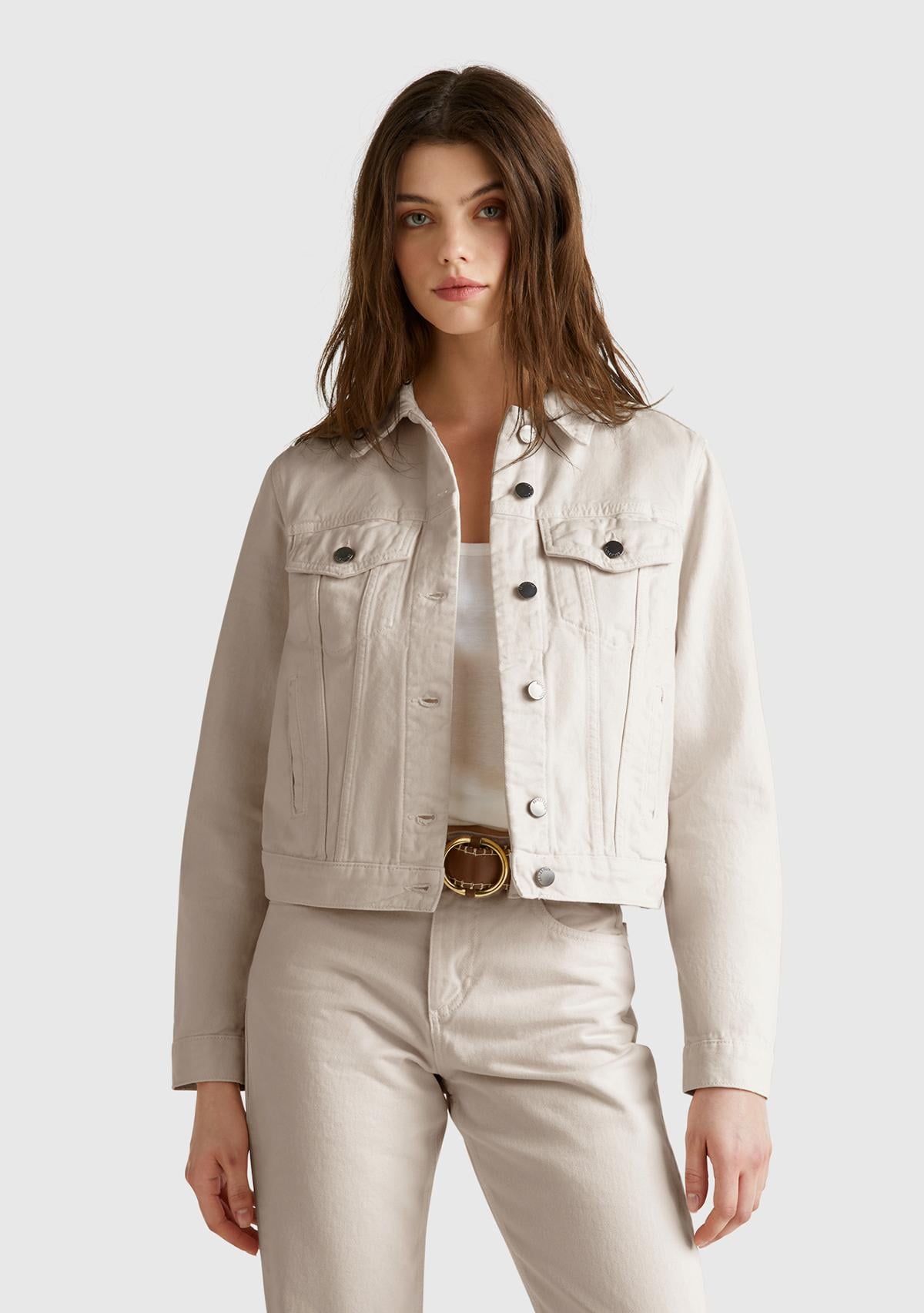  Kadın Krem %100 Pamuk Yanları Cepli Straight Fit Denim Ceket