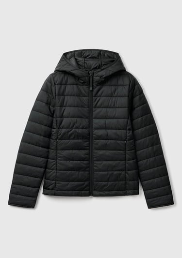  Kadın Siyah Polyester Dolgulu Feramuarlı Kapüşonlu Slim Fit Puffer Mont