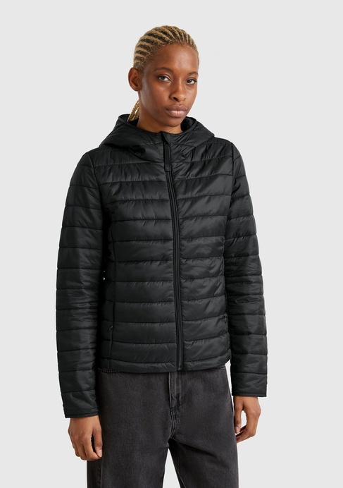  Kadın Siyah Polyester Dolgulu Feramuarlı Kapüşonlu Slim Fit Puffer Mont