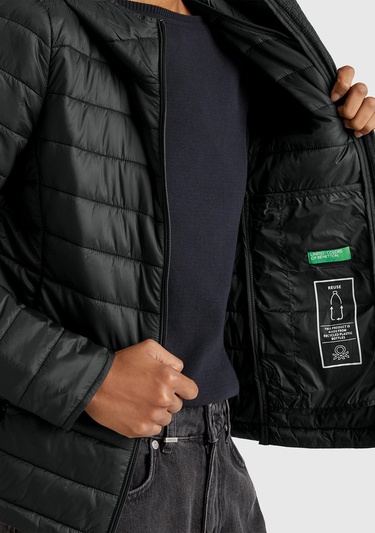  Kadın Siyah Polyester Dolgulu Feramuarlı Kapüşonlu Slim Fit Puffer Mont