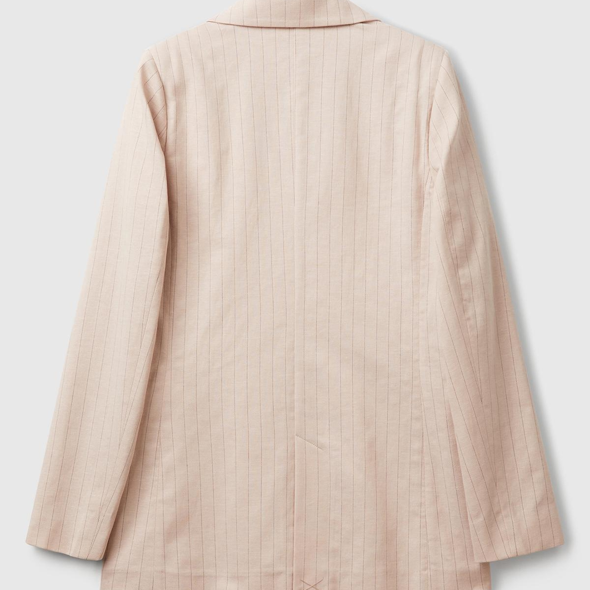 Kadın Bej Pamuk ve Keten Karışımlı İnce Çizgili Relax Fit Ceket