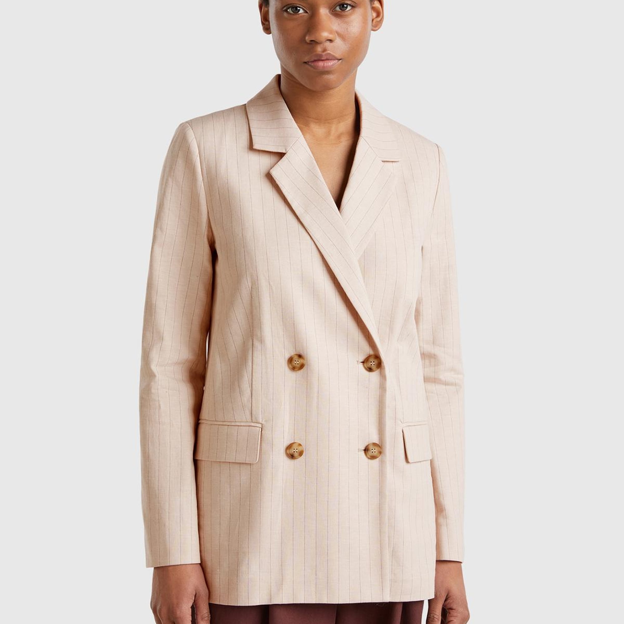 Kadın Bej Pamuk ve Keten Karışımlı İnce Çizgili Relax Fit Ceket