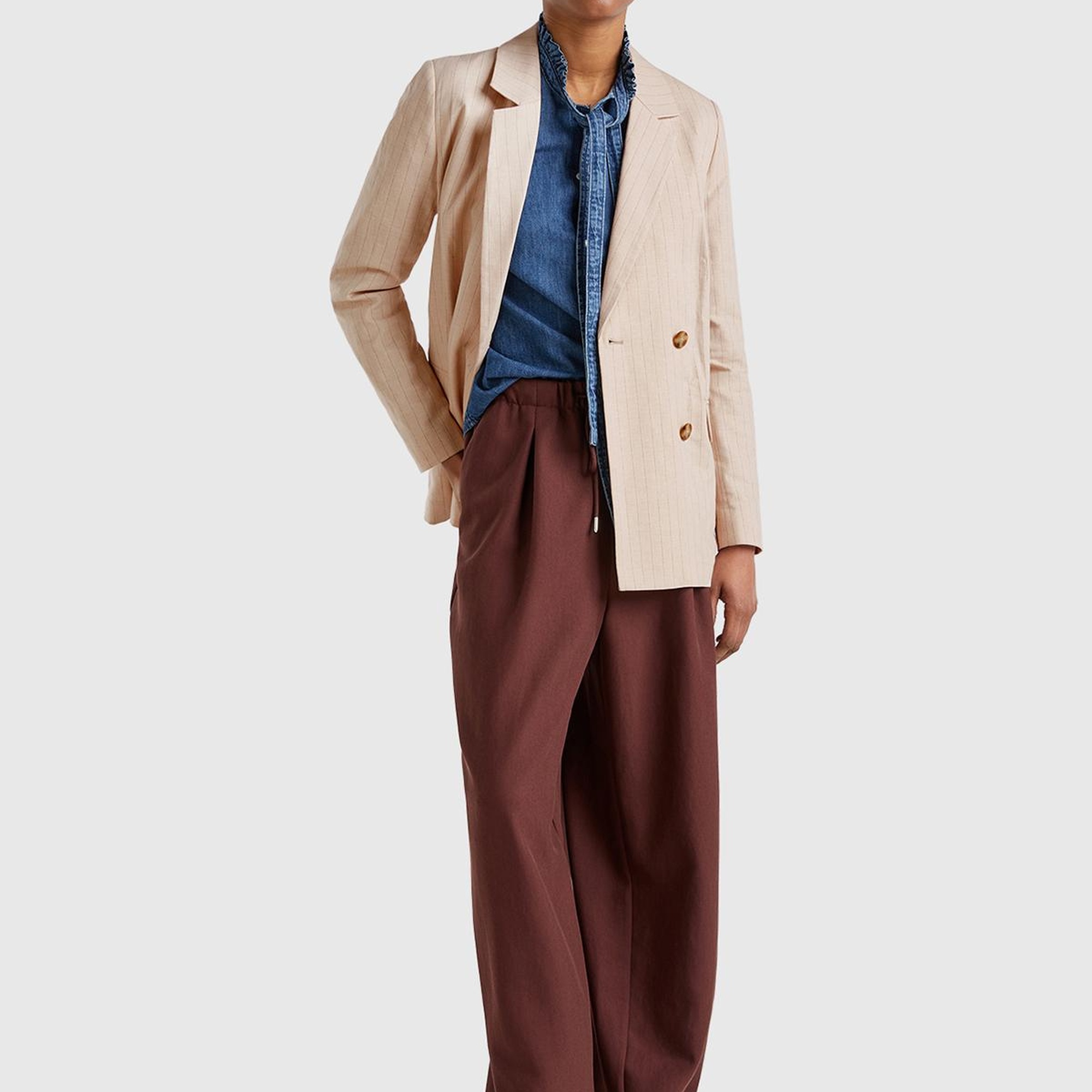 Kadın Bej Pamuk ve Keten Karışımlı İnce Çizgili Relax Fit Ceket