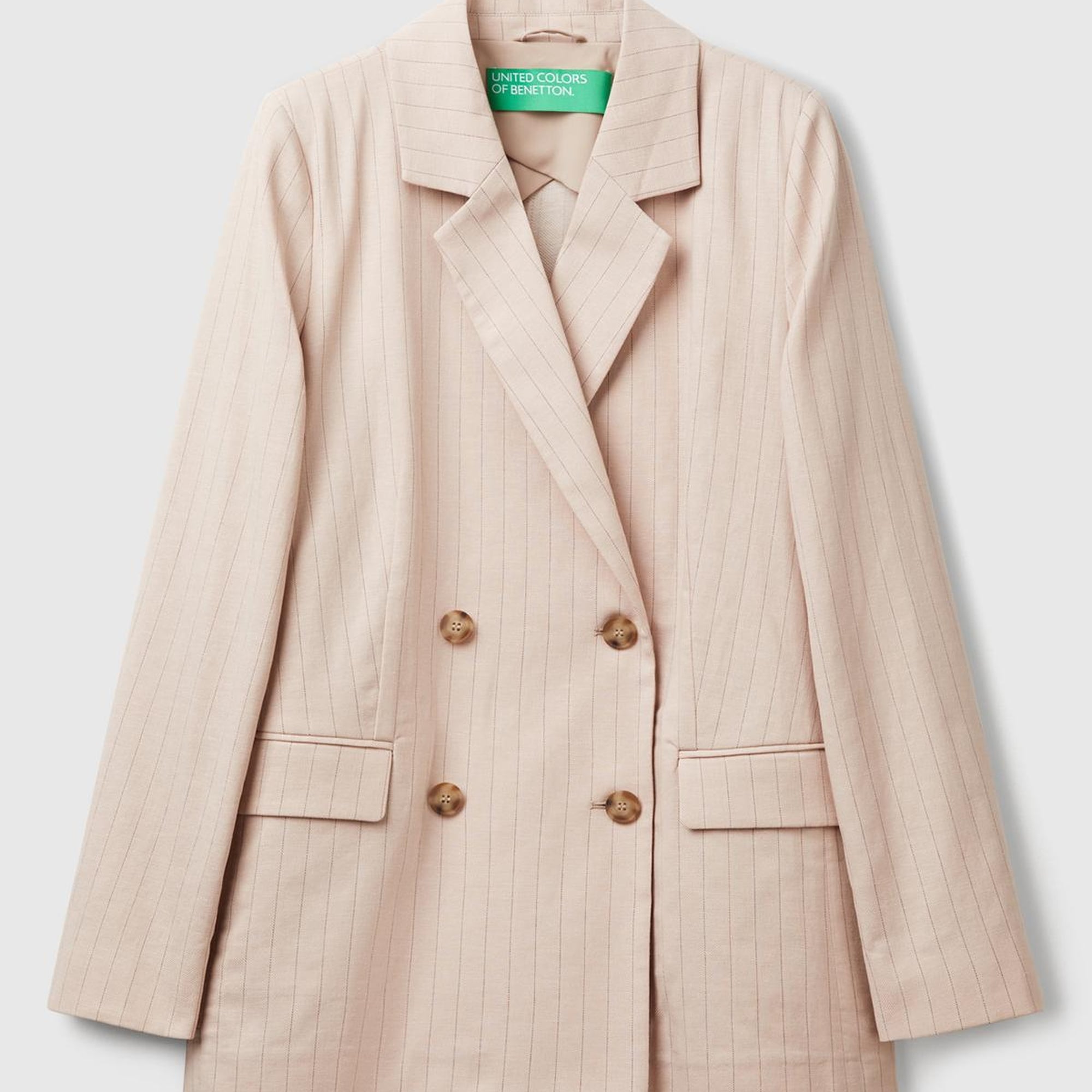 Kadın Bej Pamuk ve Keten Karışımlı İnce Çizgili Relax Fit Ceket