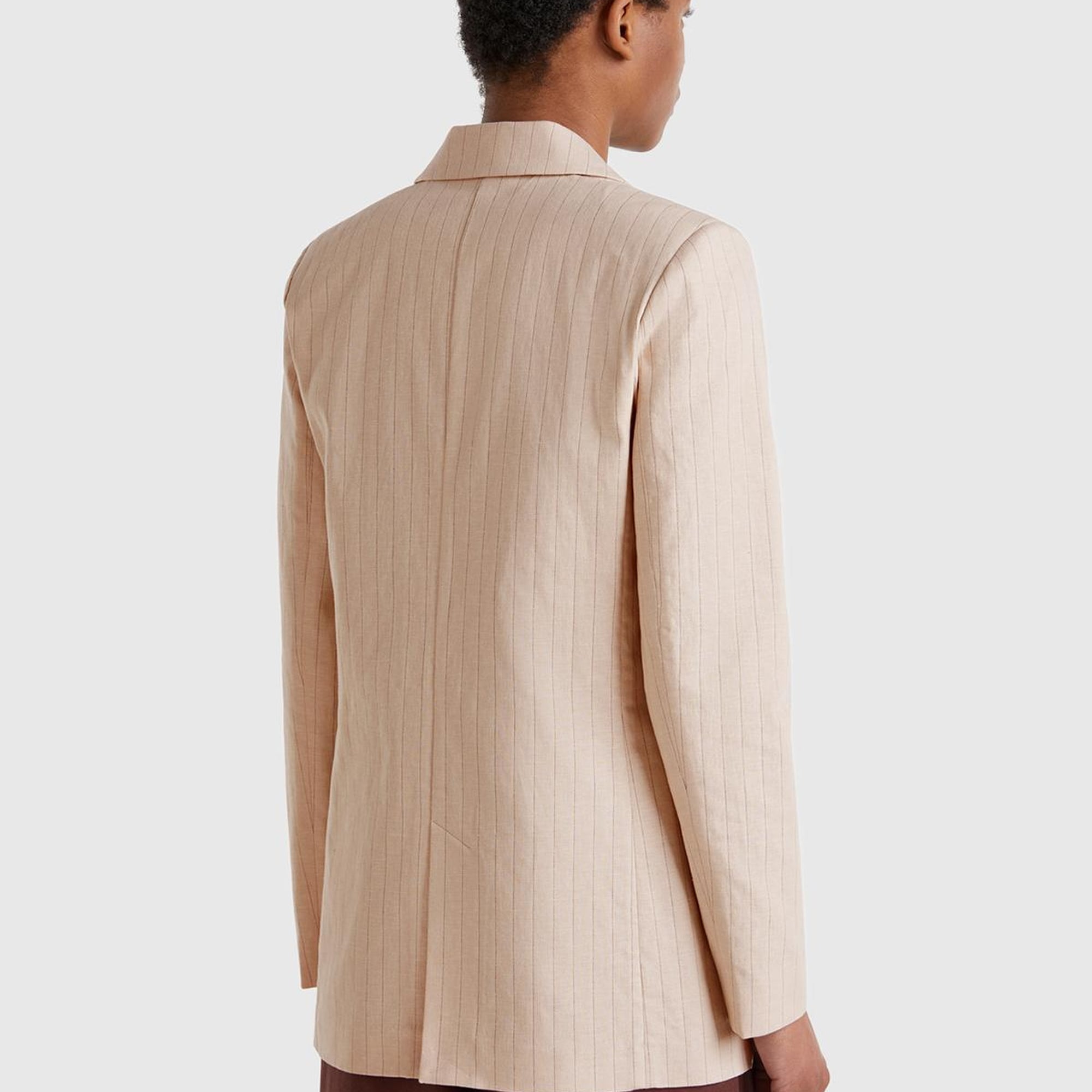 Kadın Bej Pamuk ve Keten Karışımlı İnce Çizgili Relax Fit Ceket