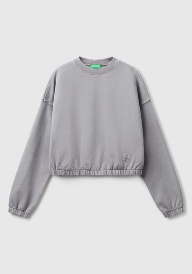  Kadın Antrasit %100 Pamuk Logo Baskılı Düşük Omuzlu Relax Fit Sweatshirt