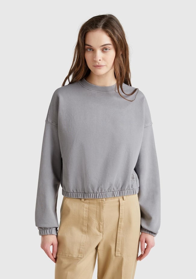  Kadın Antrasit %100 Pamuk Logo Baskılı Düşük Omuzlu Relax Fit Sweatshirt