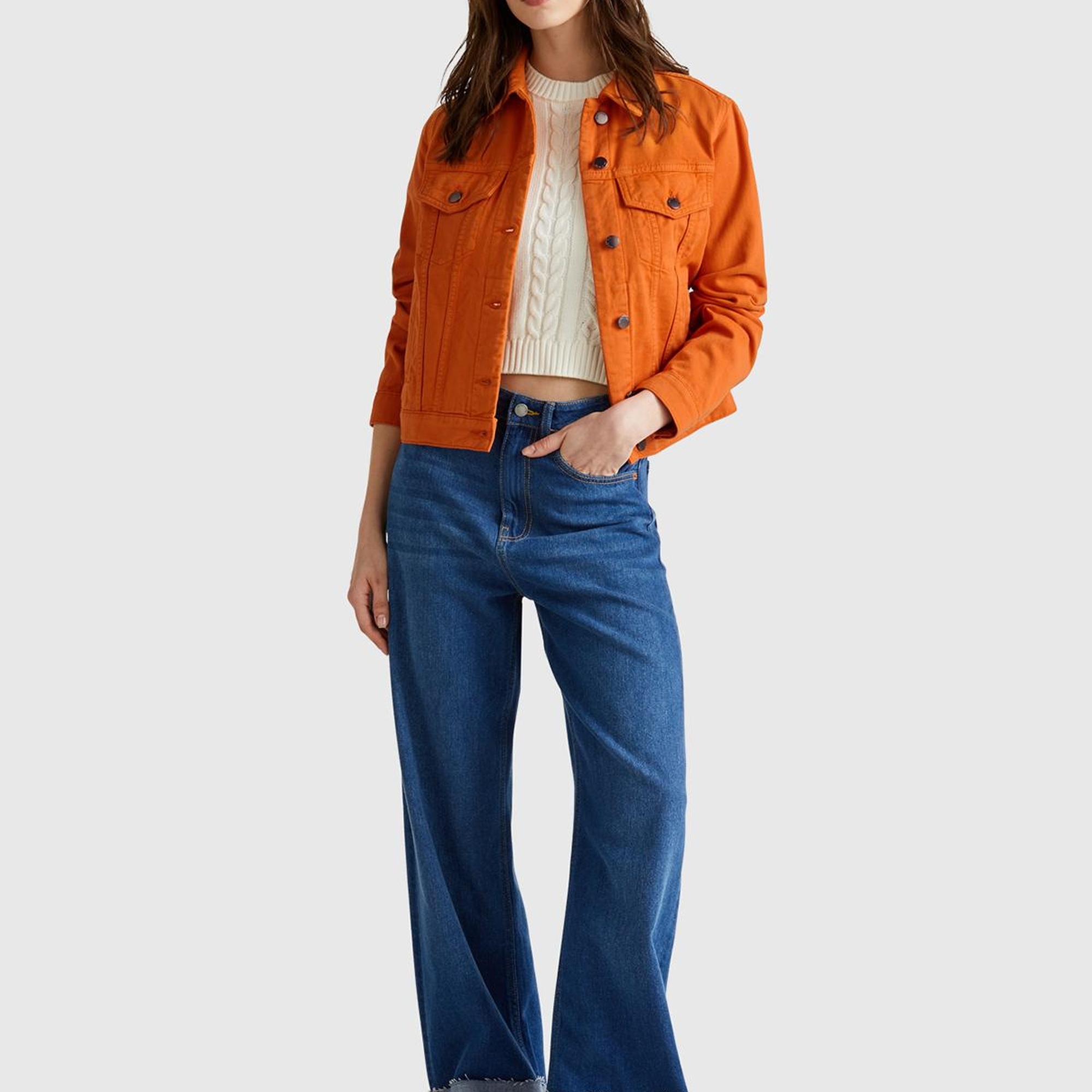 Kadın Turuncu %100 Pamuk Yanları Cepli Straight Fit Denim Ceket