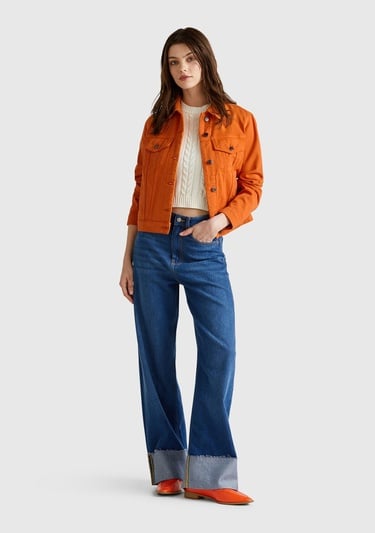  Kadın Turuncu %100 Pamuk Yanları Cepli Straight Fit Denim Ceket