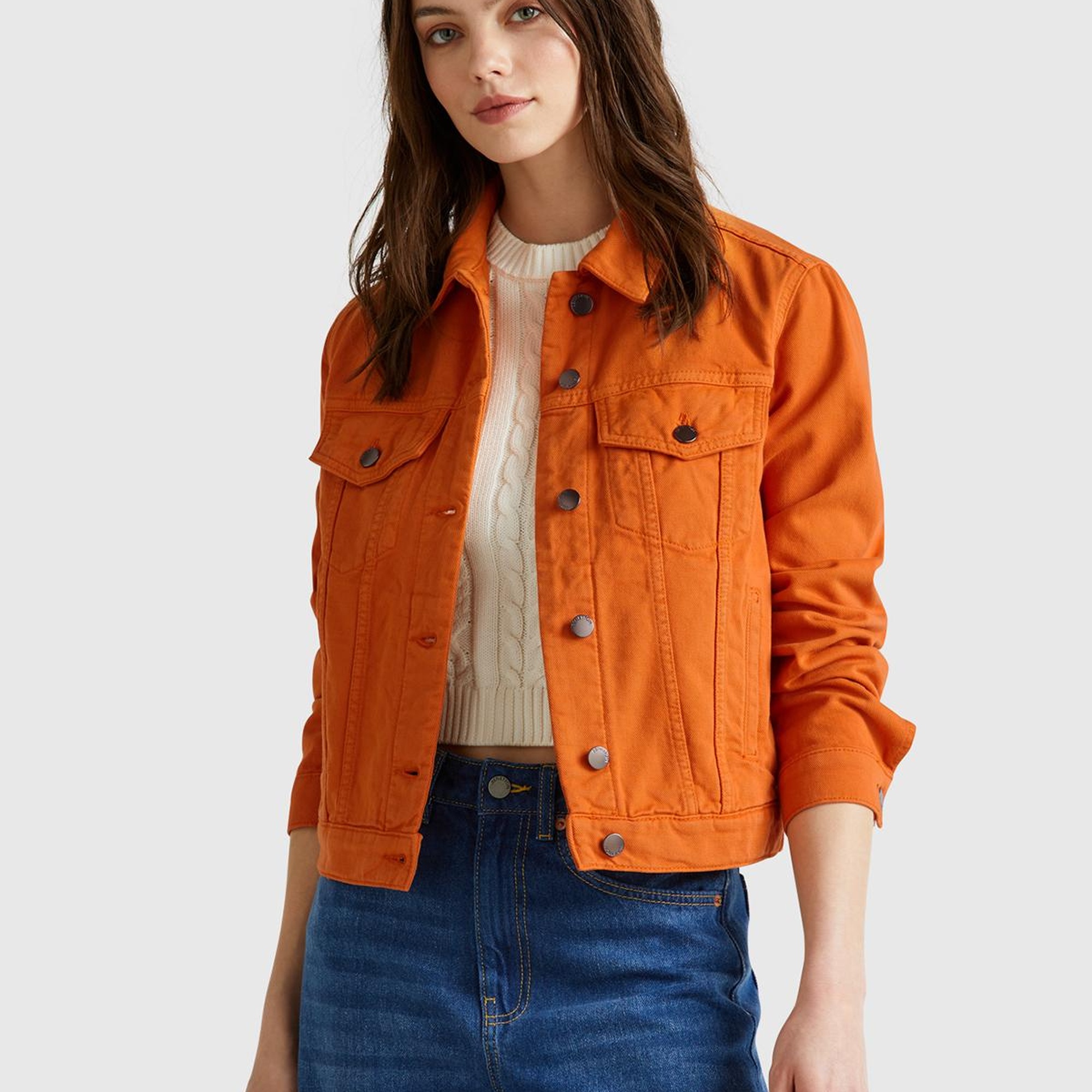 Kadın Turuncu %100 Pamuk Yanları Cepli Straight Fit Denim Ceket