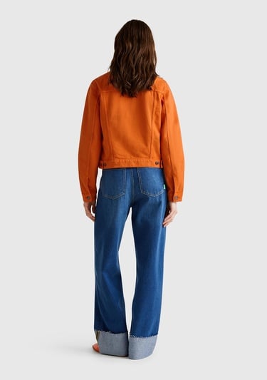  Kadın Turuncu %100 Pamuk Yanları Cepli Straight Fit Denim Ceket