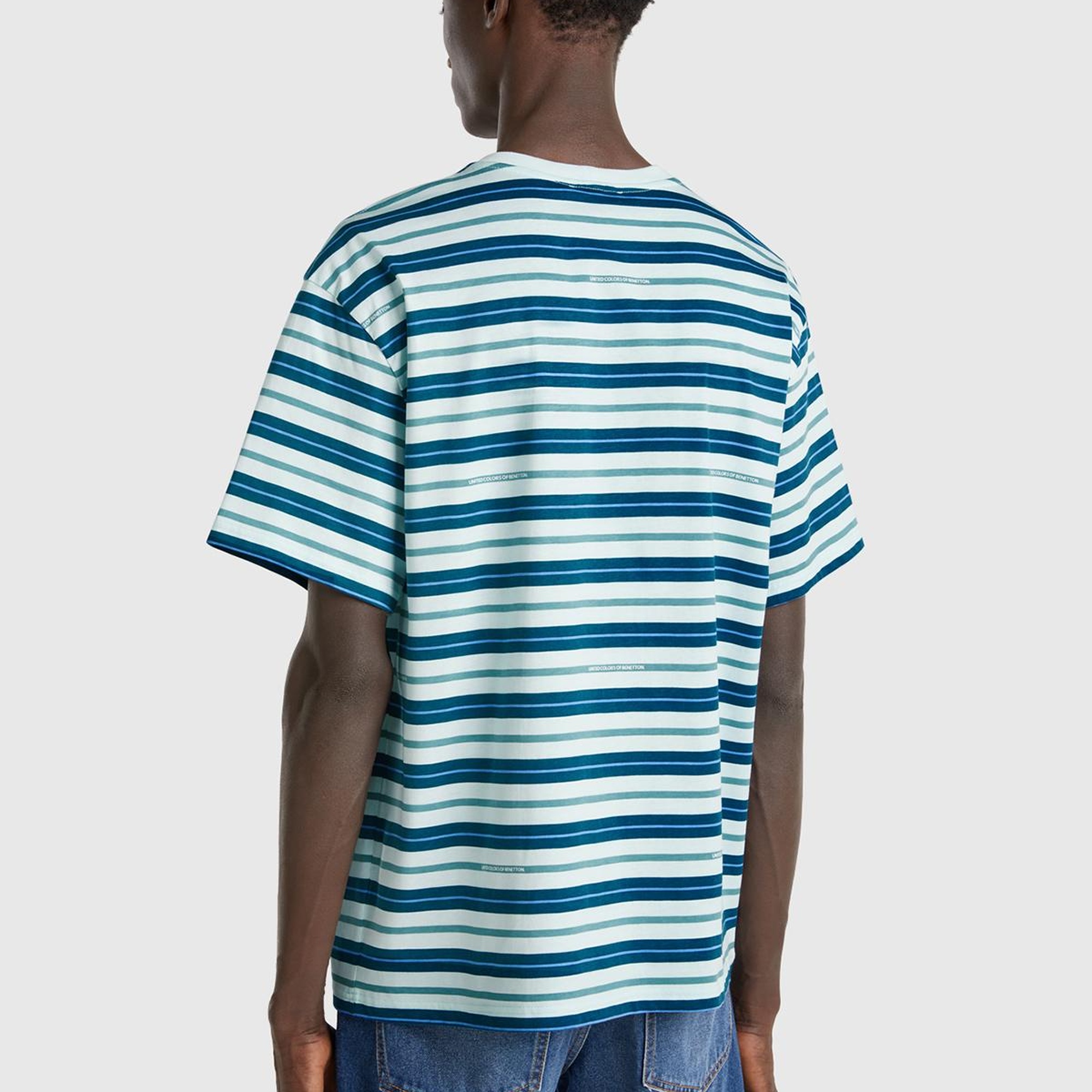 Erkek Mavi Mix %100 Pamuk Çizgili Logo Baskılı Oversize T-Shirt