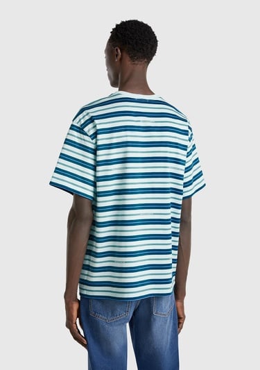  Erkek Mavi Mix %100 Pamuk Çizgili Logo Baskılı Oversize T-Shirt