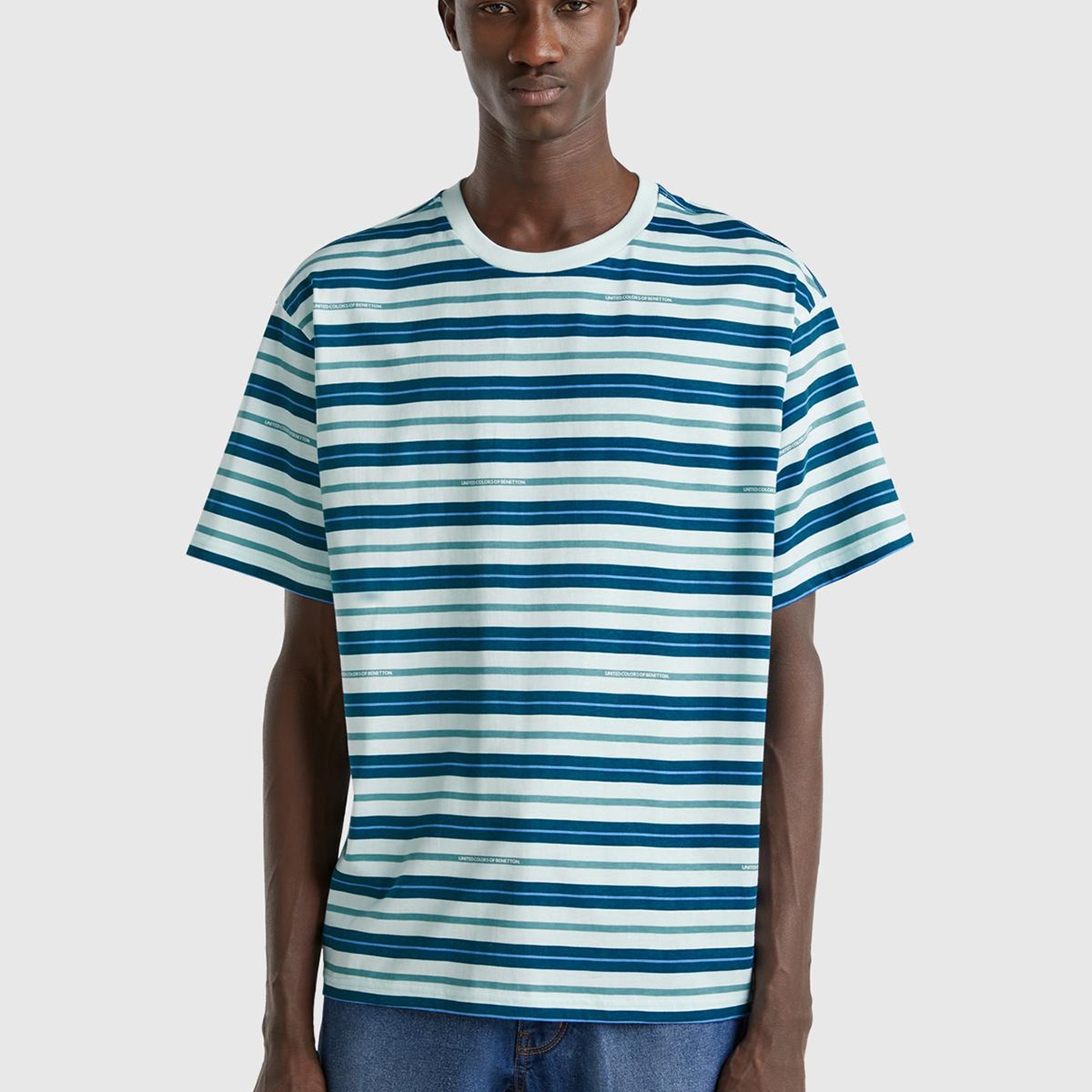 Erkek Mavi Mix %100 Pamuk Çizgili Logo Baskılı Oversize T-Shirt