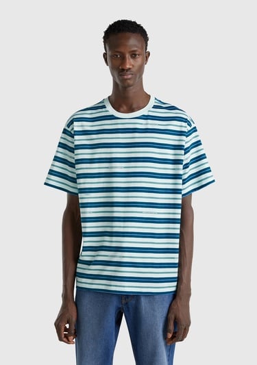  Erkek Mavi Mix %100 Pamuk Çizgili Logo Baskılı Oversize T-Shirt