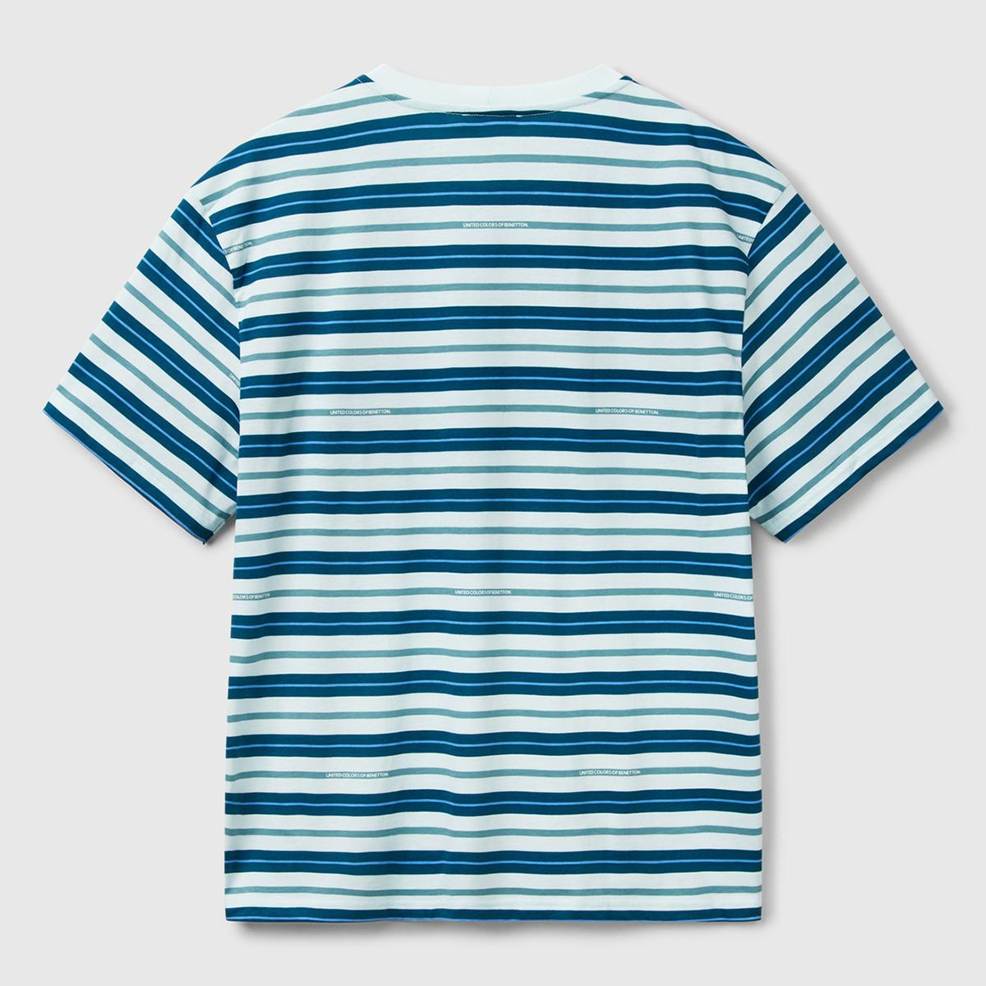 Erkek Mavi Mix %100 Pamuk Çizgili Logo Baskılı Oversize T-Shirt