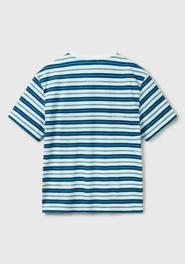  Erkek Mavi Mix %100 Pamuk Çizgili Logo Baskılı Oversize T-Shirt