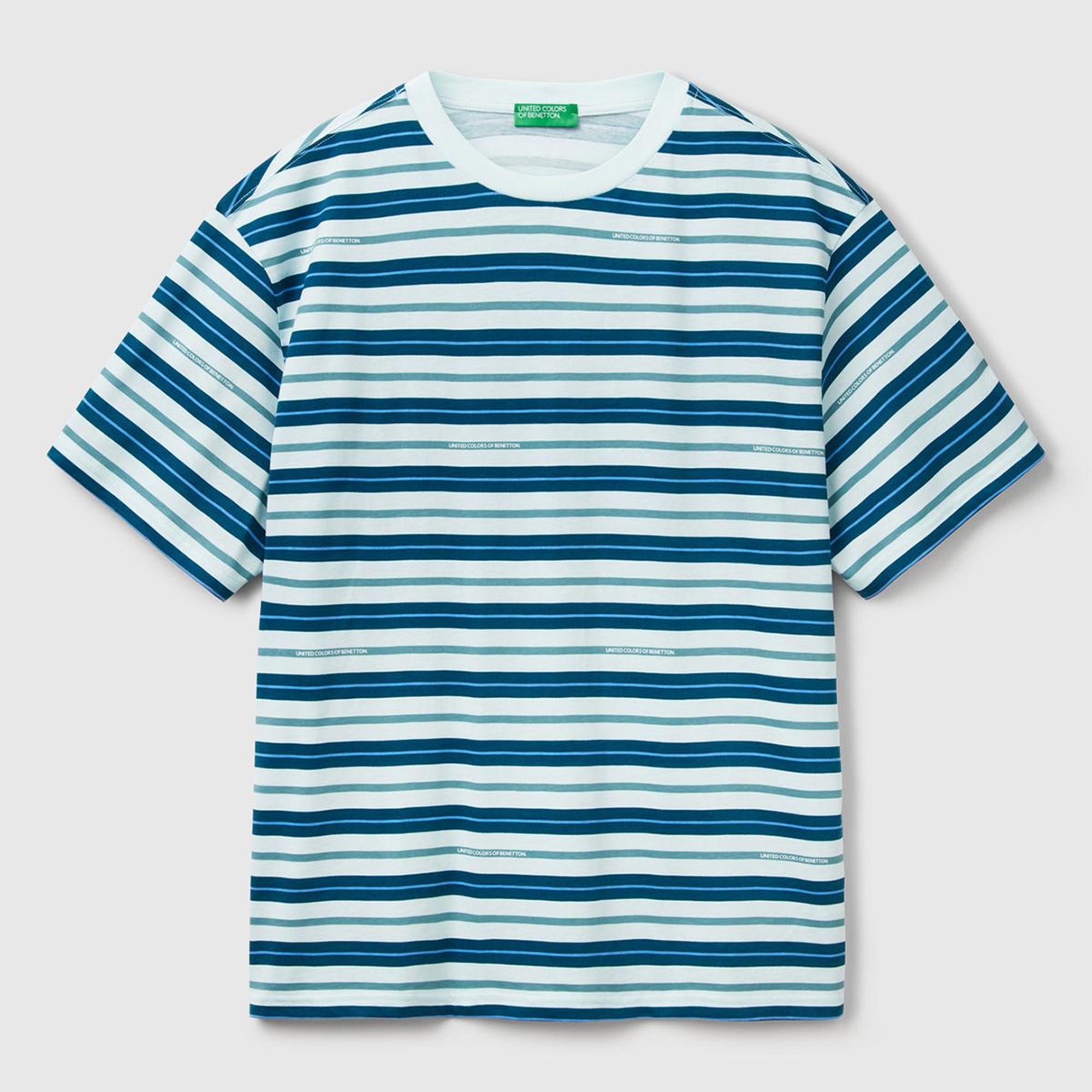 Erkek Mavi Mix %100 Pamuk Çizgili Logo Baskılı Oversize T-Shirt