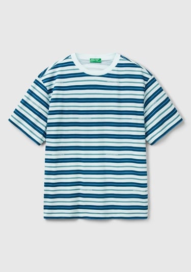  Erkek Mavi Mix %100 Pamuk Çizgili Logo Baskılı Oversize T-Shirt