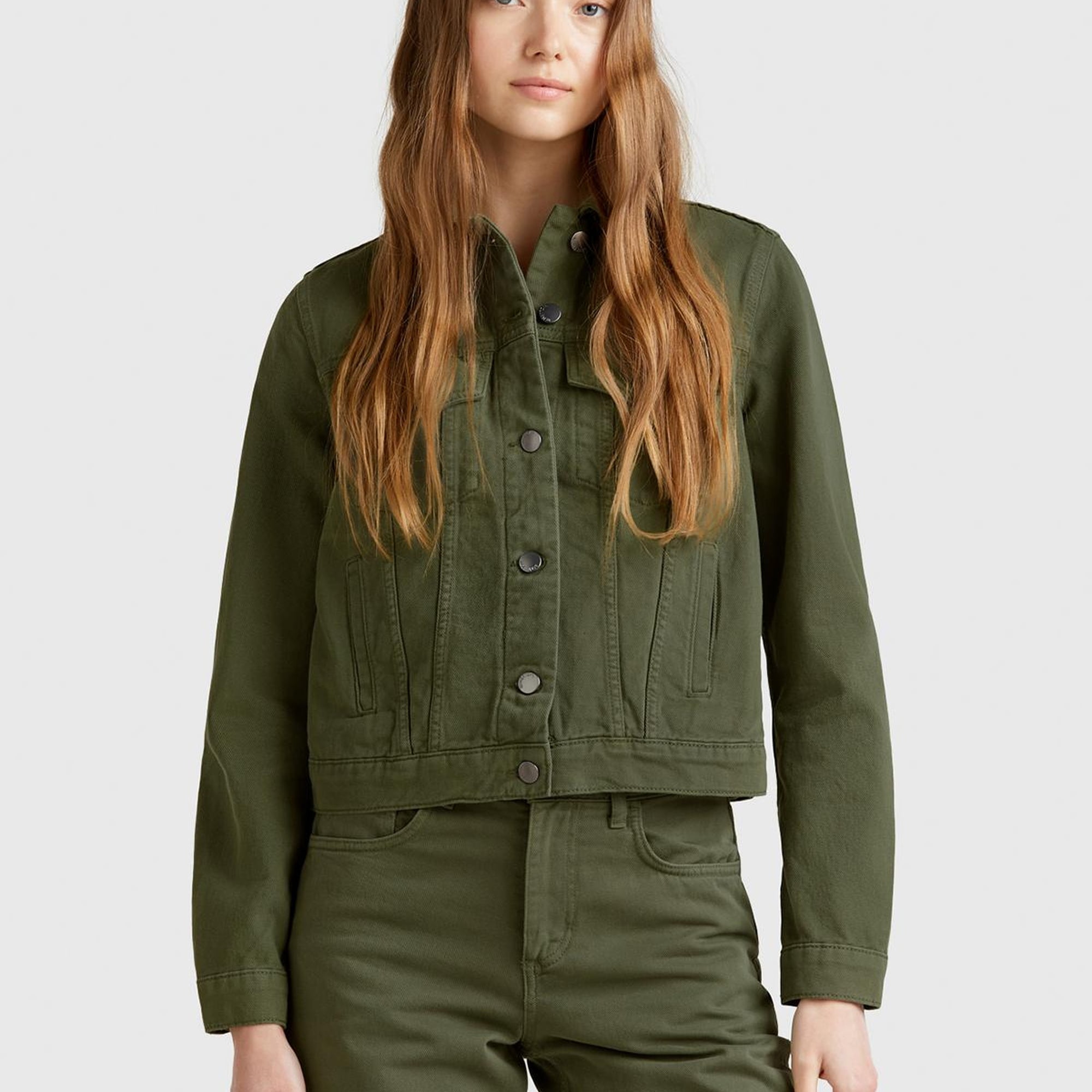 Kadın Soluk Yeşil %100 Pamuk Yanları Cepli Straight Fit Denim Ceket