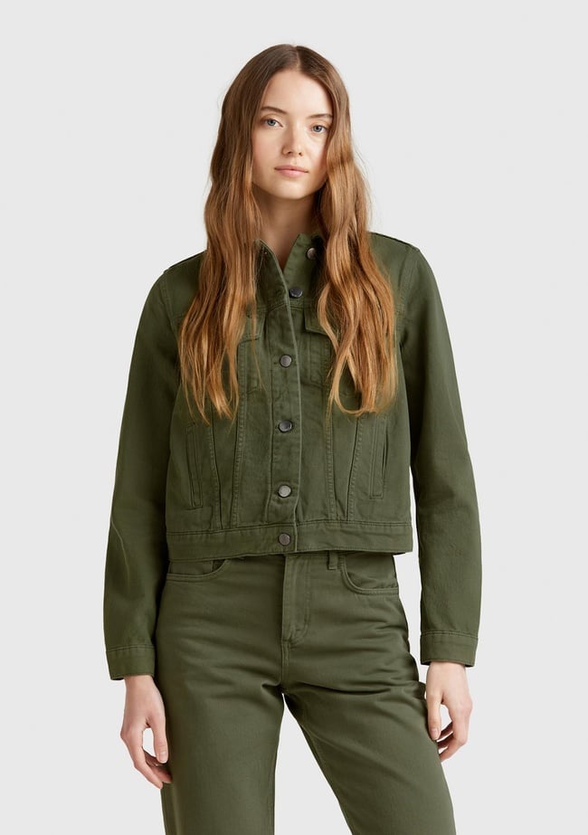  Kadın Soluk Yeşil %100 Pamuk Yanları Cepli Straight Fit Denim Ceket