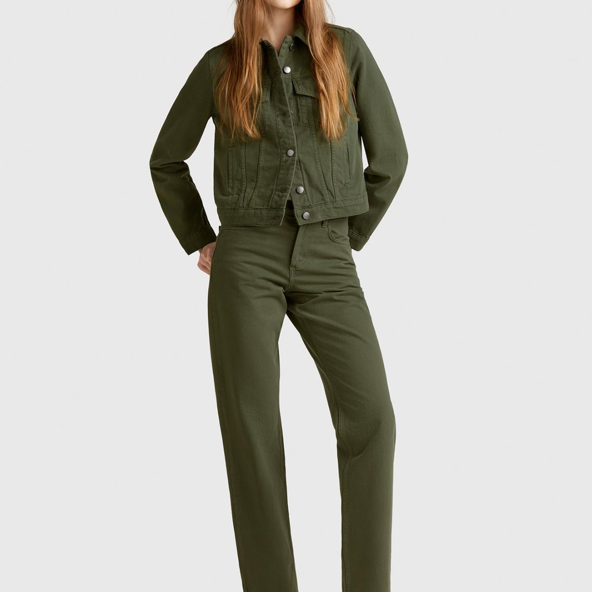 Kadın Soluk Yeşil %100 Pamuk Yanları Cepli Straight Fit Denim Ceket