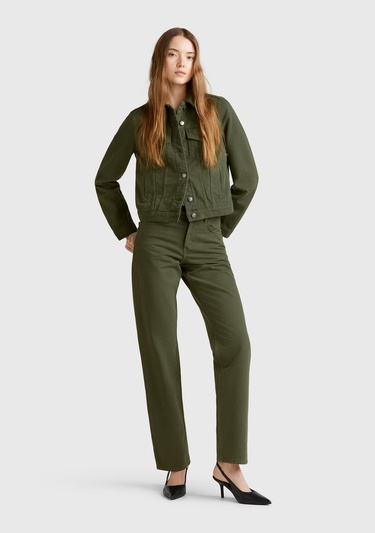  Kadın Soluk Yeşil %100 Pamuk Yanları Cepli Straight Fit Denim Ceket