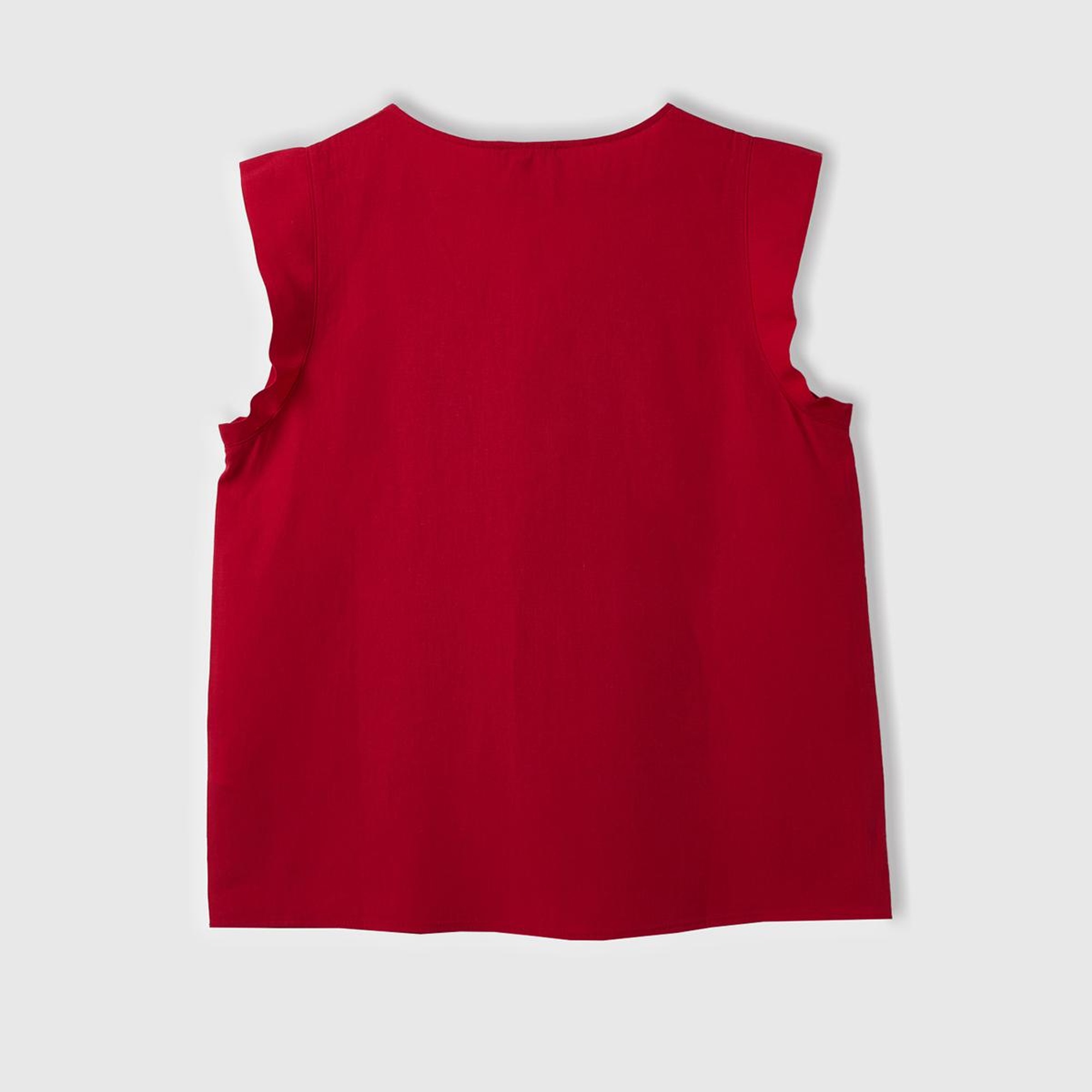 Kadın Vişne Liyosel ve Keten Karışımlı Geniş Kesim V Yaka Bluz